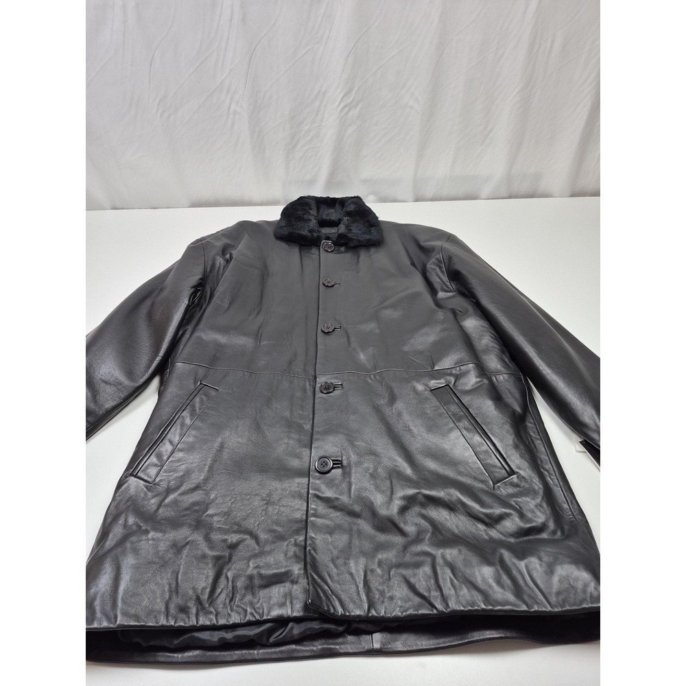 Missani Le Collezioni Coat Mens 2XL Black Leather Rabbit Fur Lined Overcoat